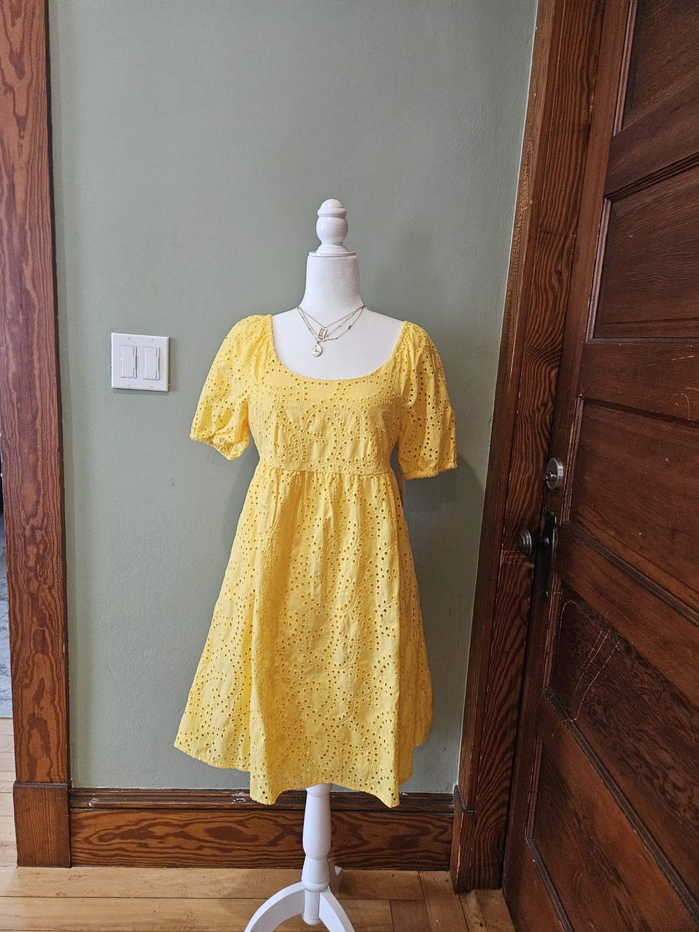 Time and Tru Yellow Eyelet Midi Dress with Puff Sleeves